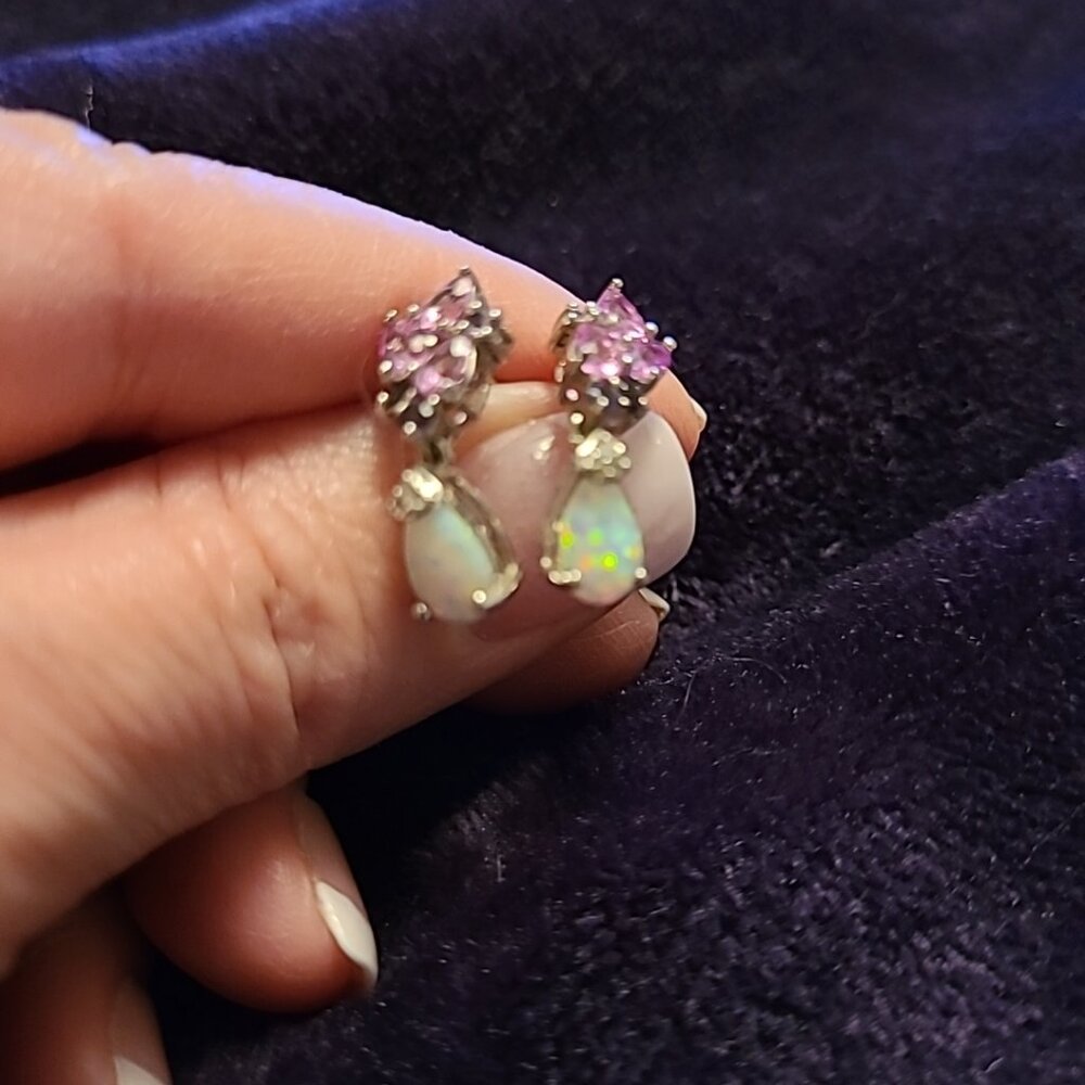 PINK CZ AND OPAL EARRINGS,  GOLD OVER STERLING SILVER